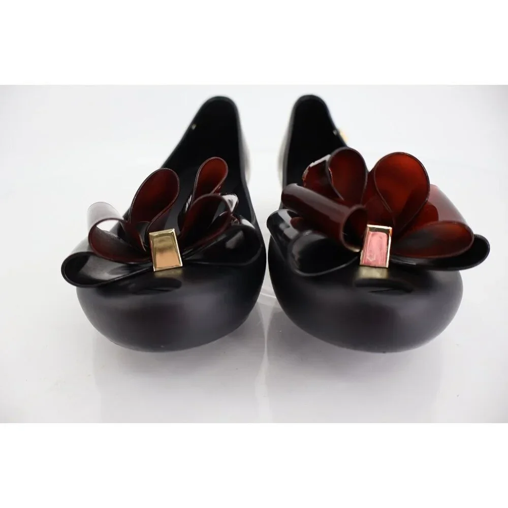 Melissa Girl Ultragirl Triple Bow Flats Matte Black Tortoiseshell Bow Size 2